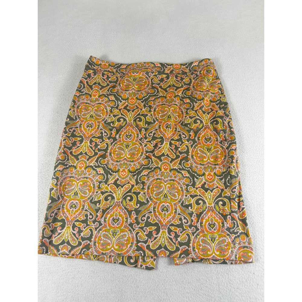 J.Crew The Pencil Skirt Green Orange Paisley Medallion Cotton Size 2 37532 SP12‎